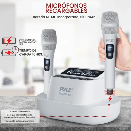 Vista 4 de Pyle Sistema de micrófono inalámbrico UHF - Receptor Bluetooth con 2 micrófonos de mano recargables, baterías de 1200 mAh, sonido claro