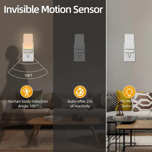 Vista 2 de Dawnrise Luces nocturnas enchufables a la pared, luz nocturna con sensor de movimiento invisible, blanco cálido o frío suave, seleccionable, brillo