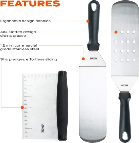 Vista 3 de Accesorios de plancha plana para parrilla Blackstone y Camp Chef - Juego de 9 piezas con kit de limpieza de plancha y bolsa de transporte. Espátula