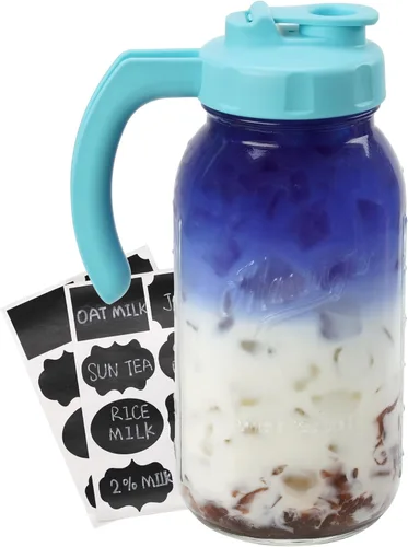 SOLIGT Jarra de vidrio con tapa, tapa abatible de boca ancha, tapa a prueba de fugas con asa, 64 onzas (2 cuartos de galón/1.9 litros), color azul