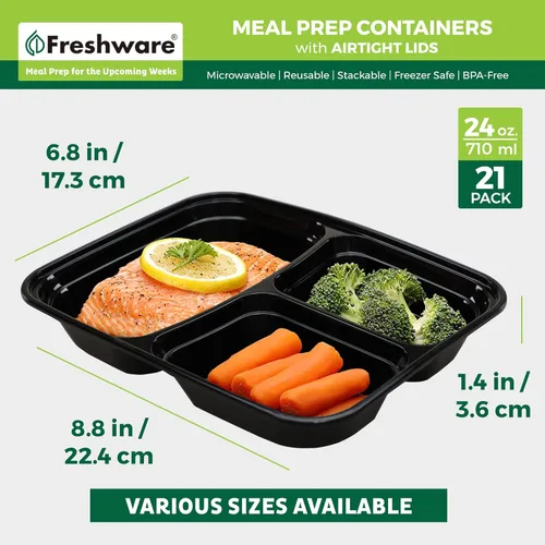 Vista 6 de Freshware Contenedores de preparación de comidas [21 unidades] 3 compartimentos con tapas, contenedores de almacenamiento de alimentos, caja Bento