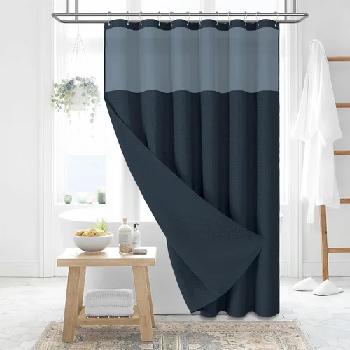 Vista 704 de Cortina de ducha de tela Dynamene verde oscuro - Cortinas de baño de tela de nido de abeja texturizadas resistentes, juego de cortinas de baño