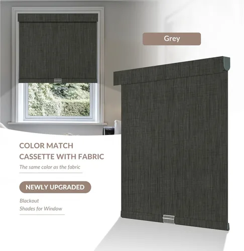 Vista 2 de Boolegon Persianas Enrollables Opacas Inalámbricas para Ventanas, Cortinas de Lino de Parada Libre con Cenefa, Tela con Aislamiento Térmico