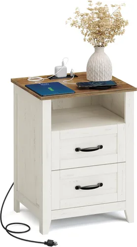 Vista 21 de VASAGLE Colección LIRY - Mesita de noche de granja con estación de carga, mesa de cabecera, mesa auxiliar con cajón, compartimento abierto