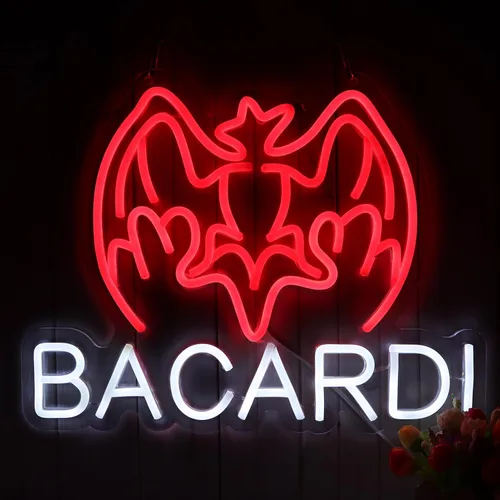 AHlove Letrero de neón comercial Bacardi Rum para decoración de pared de bar, letrero de bar abierto decorativo alimentado por USB para decoración