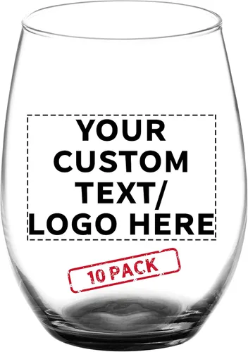 DISCOUNT PROMOS Juego de 10 copas de vino ARC sin tallo, 21 onzas, texto personalizable, logotipo, Chardonnay, Cabernet, Merlot, Sauvignon, color