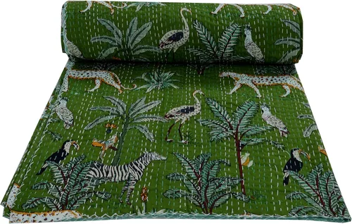 Vista 9 de Colcha de algodón reversible con estampado floral indio Kantha con estampado de animales, tamaño Twin/Queen/King, Vintage Kantha Gudari (King, beige)