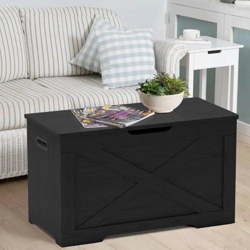 Vista 6 de Timberer Baúl de almacenamiento, banco de almacenamiento de madera, banco de zapatos de entrada con 2 bisagras de seguridad, para sala de estar