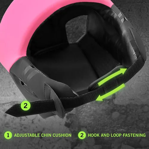 Vista 3 de Mytra Fusion Casco de boxeo - Equipo de combate con correa ajustable MMA, Muay Thai, Kickboxing, artes marciales, karate, equipo de cabeza Negro/Rosa