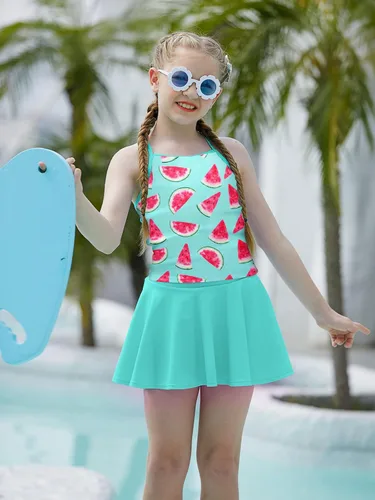 Vista 3 de Traje de baño tankini de dos piezas para niñas con correa ajustable, traje de baño hawaiano para playa de 5 a 12 años