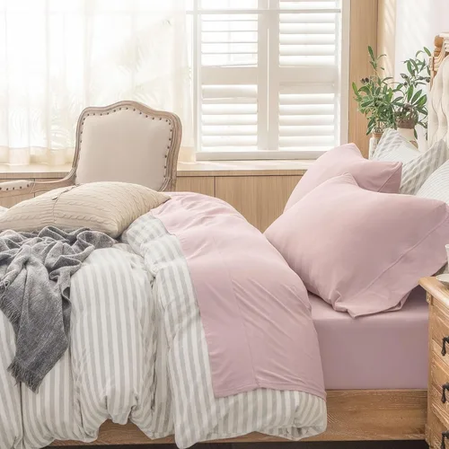 Vista 14 de PURE ERA - Juego de sábanas punto jersey de 4 piezas, 100% algodón, supersuaves, cómodas, transpirables, para colchones de hasta 20 pulgadas, Gris