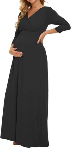 Kim S Vestido Largo de Maternidad con Banda de Flores (S-3XL)/Vestido de Fiesta con Cuello en V Frunciado para Sesión de Fotos y Baby Shower Negro