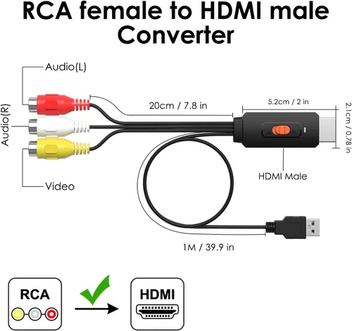 Vista 2 de Convertidor RCA a HDMI, AV/compuesto a HDMI, adaptador de cable compatible con 1080P, interruptor 4: 3/16:9 compatible con WII, PS2, PS3, N64