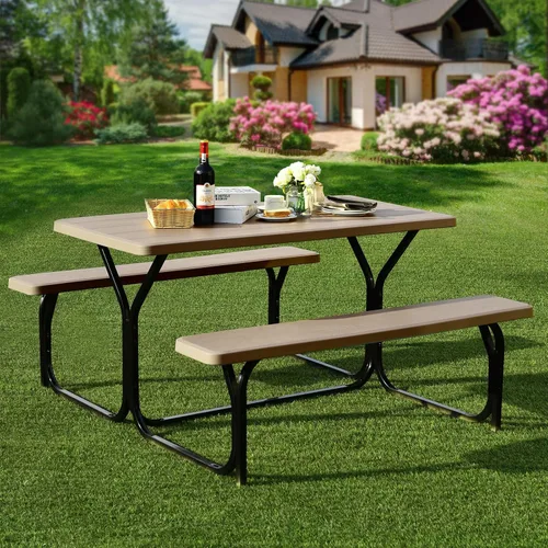 Vista 2 de Giantex - Juego de mesa y banco para picnic para todo tipo de climas, con base de metal, textura similar a la madera, para acampar al aire libre