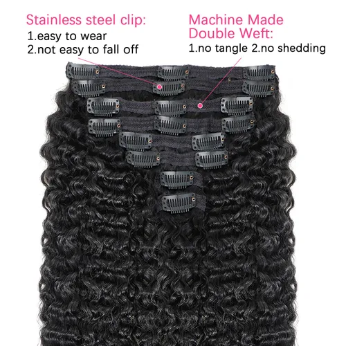 Vista 5 de Extensiones de cabello con clip de 12 pulgadas, rizado birmano, negro natural, extensiones de cabello con clip rizado birmano, cabello humano real