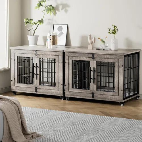 Vista 9 de Lulive Mueble de jaula para perros medianos, 32 pulgadas, para interiores con cojín y ruedas, jaula de madera para perros con puertas dobles, mesa