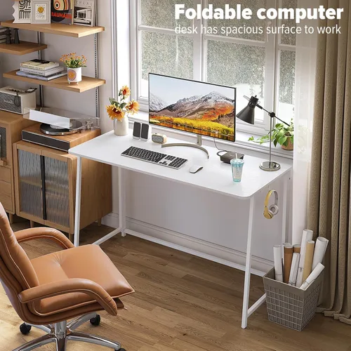 Vista 20 de WOHOMO Escritorio plegable de mármol sintético blanco, escritorio pequeño de 31.5 pulgadas para espacios pequeños con patas doradas, escritorio