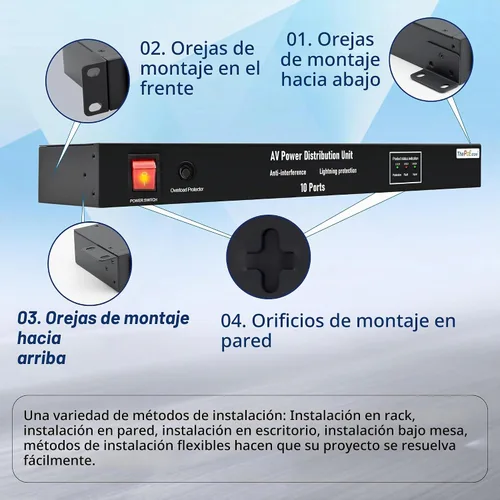 Vista 4 de Regleta de alimentación horizontal de 1U para montaje en rack 1U-19"-PDU-10ASP