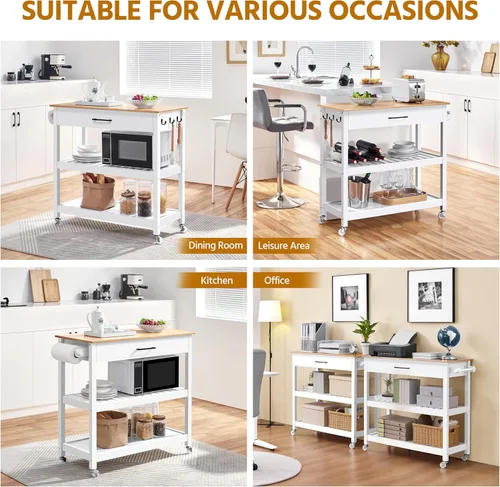 Vista 9 de Yaheetech Carrito de isla de cocina con ruedas con mesa de bambú, carrito de microondas de 3 niveles con cajón para isla de cocina, toalla