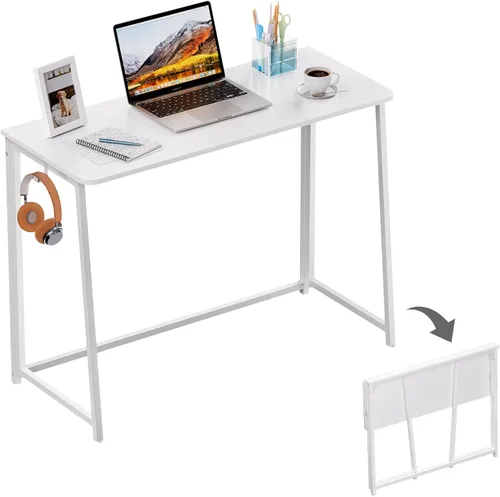 Vista 101 de WOHOMO Escritorio plegable de mármol sintético blanco, escritorio pequeño de 31.5 pulgadas para espacios pequeños con patas doradas, escritorio