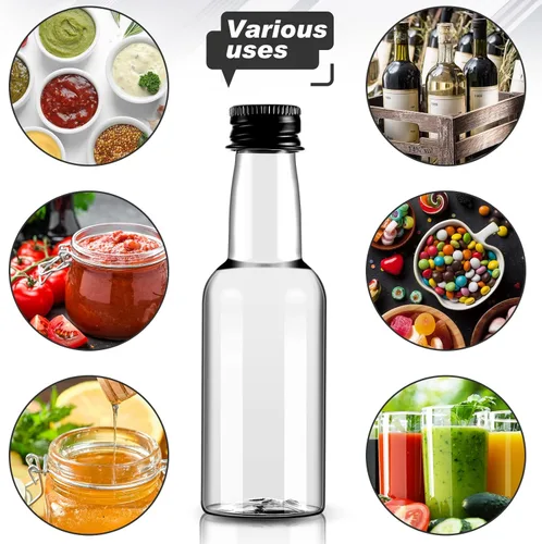 Vista 7 de Tessco 100 Piezas Mini Botellas de Licor de Plástico Mini Botella de Aderezo para Ensalada Navidad Pequeños Chupitos Soportes de Alcohol con Tapa