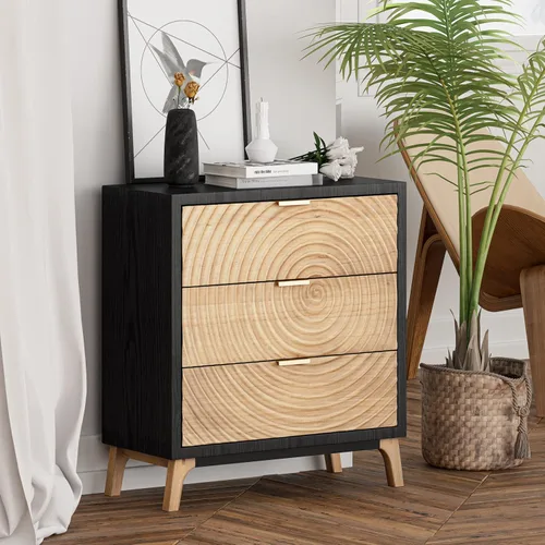 Vista 6 de LONYKE Cómoda de granja de 3 cajones totalmente montada con diseño de anillo de madera hecho a mano, mesita de noche negra para dormitorio, rústico