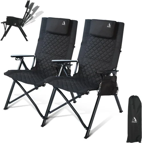 Vista 14 de Silla de campamento reclinable de aluminio, sillas de césped plegables resistentes con respaldo alto ajustable de 4 etapas para adultos, silla Negro