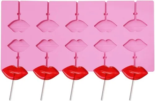 Vista 3 de Molde de piruleta de labios rojos con 10 cavidades con 20 palitos para labios sexys, de silicona, chocolate, caramelo duro, para fondant