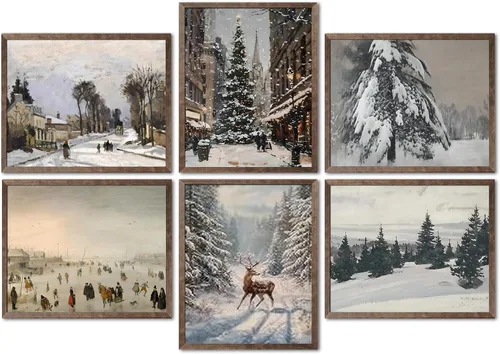 Hwetui Juego de 6 Pósteres de Arte de Pared de Lienzo Navideño Vintage, Cuadros de Reno y Árbol Invernal Decoración de Pared, Pinturas de Paisajes