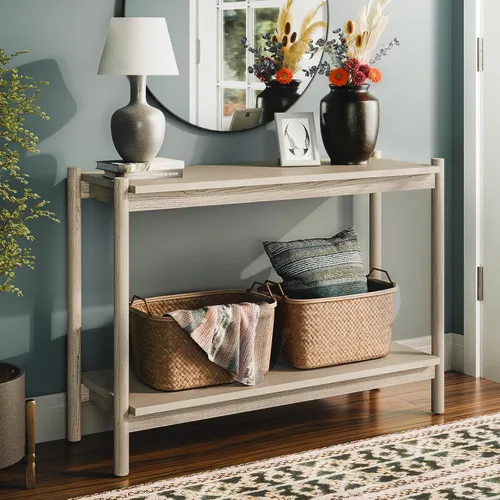 Bme Lyra - Mesa consola, madera maciza pura con acabado de roble, mesa de entrada y pasillo, capacidad de 297 libras, niveladores ajustables, fácil