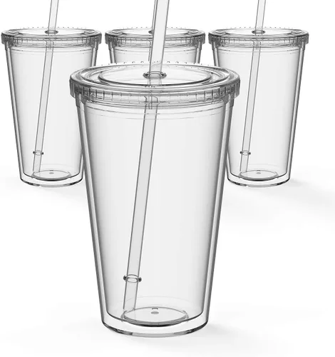 Vista 10 de Maars - Vaso transparente clásico con tapa y pajilla, acrílico prémium de 16 onzas, vasos reutilizables de plástico de doble pared con aislamiento