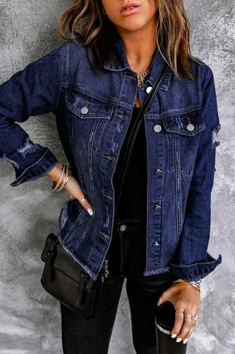 Vista 2 de Chaqueta de mezclilla para mujer, chaqueta de jean desgastada de gran tamaño para mujer, tendencia
