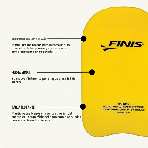 Vista 5 de FINIS Tabla de espuma para entrenamiento de natación, fortalece las piernas, espuma EVA suave, agarre cómodo, color amarillo