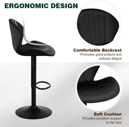 Vista 27 de Juego de 2 taburetes de bar modernos, taburetes de bar giratorios de altura ajustable de terciopelo, sillas de encimera de isla de cocina sin brazos