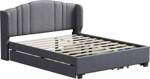 Vista 23 de Elegante cama con plataforma tapizada de terciopelo de tamaño Queen con cabecero, para niños, niñas y adolescentes (beige @cabecero/, Queen)