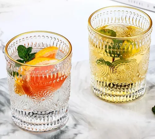 Juego de 2 vasos vintage de 10 onzas para beber de cristal transparente, bonitas tazas de vidrio con girasol en relieve para café helado, té, jugo,