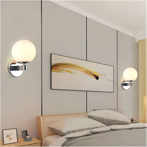 Vista 3 de Lámpara de pared con forma de globo, lámpara de pared de vidrio blanco, lámparas montadas en la pared de mediados de siglo E27, luces de cabecero