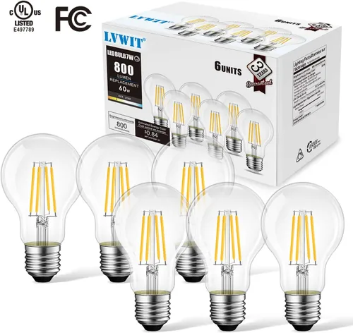 Vista 7 de LVWIT Bombilla LED A19 de filamento LED vintage E26, base regulable 7 W (equivalente a 60 W), blanco cálido 2700 K, 800 lúmenes, omnidireccional