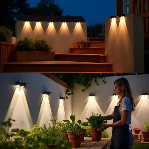 Vista 2 de ASLIDECOR Luces solares para terraza al aire libre, paquete de 4 luces solares para vallas, luces solares de pared blancas cálidas, luces LED