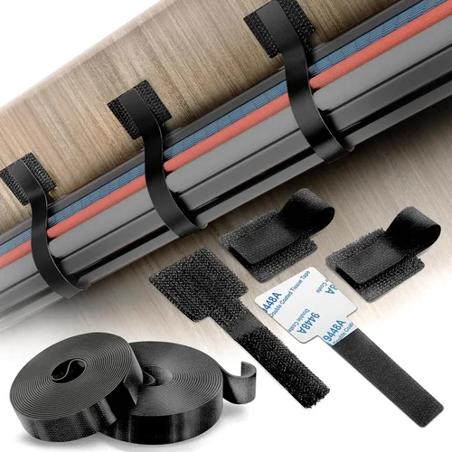 Kit de gestión de cables ��� 40 sujetadores autoadhesivos de gancho y bucle con 2 correas de extensión – Fabricado con cinta 3M, organizador de cables