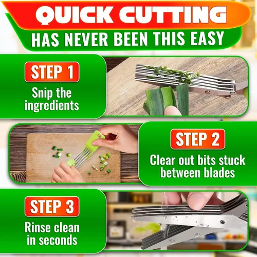 Vista 5 de Tijeras de hierbas con 5 cuchillas y tapa, cortador de hierbas de acero inoxidable con mango ergonómico y cepillo de limpieza, diseño apto