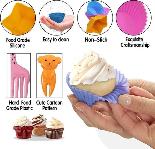 Vista 4 de Divisores de silicona para lonchera, 24 divisores de cajas Bento con 10 púas de animales, insertos de silicona para cajas Bento, tazas para hornear