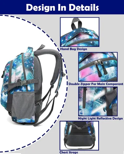 Vista 3 de Mochila para la escuela, universidad, portátil, viajes, estudiantes, antirrobo con puerto de carga USB, Galaxy Color F, Mochilas Daypack