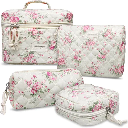Vista 15 de VIWIME Bolsa de cosméticos de maquillaje, grande, de algodón, acolchada, de viaje, coquette, estética, linda, floral, bolsa de maquillaje