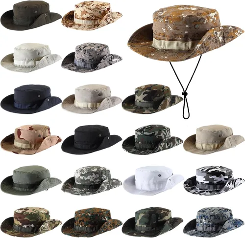 Vista 9 de Xtinmee 20 sombreros Boonie a granel de ala ancha para safari, sombrero de verano al aire libre para senderismo camping con correa ajustable