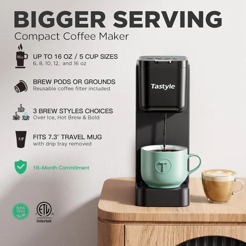 Vista 2 de Tastyle Single Serve Coffee Maker for K Cup and Ground Coffee Brew up to 16 Oz, Fits 7.3'' Travel Mug Hot, Bold & Over Ice Compact for Office