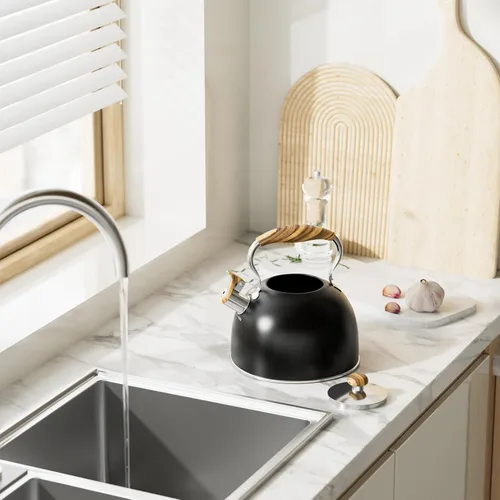 Vista 9 de Tetera silbante de 2.6 cuartos de galón para estufa, acero inoxidable de grado alimenticio con mango de madera fría, compatible con inducción