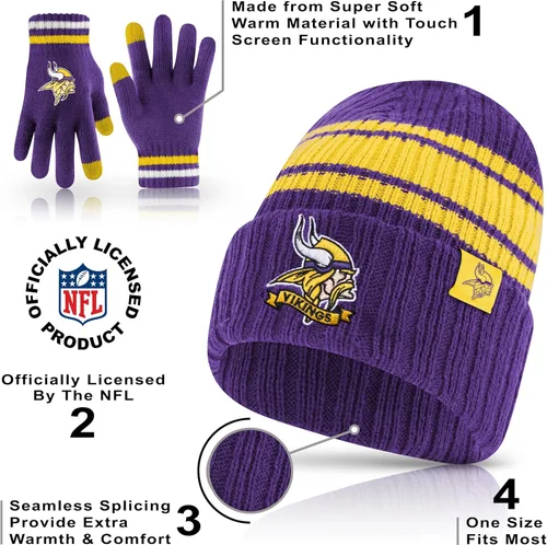 Vista 47 de Ultra Game Adults NFL Official Super Soft Team Stripe Winter Beanie Knit Hat with Extra Warm Touch Screen Gloves