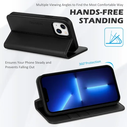 Vista 5 de SHIELDON Funda para iPhone 13, de piel auténtica, con función atril, bloqueo RFID, tarjetero de crédito, a prueba de golpes, protección completa