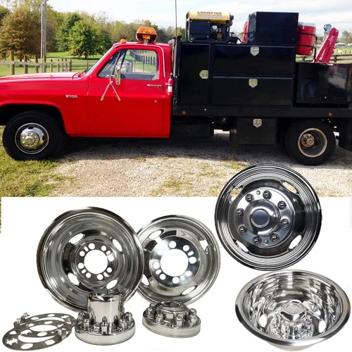 4 simuladores de ruedas dobles de acero inoxidable pulido de 16 pulgadas, 8 orejetas 4 orificios manuales tapacubos para Chevy GMC 3500 1974-2000,